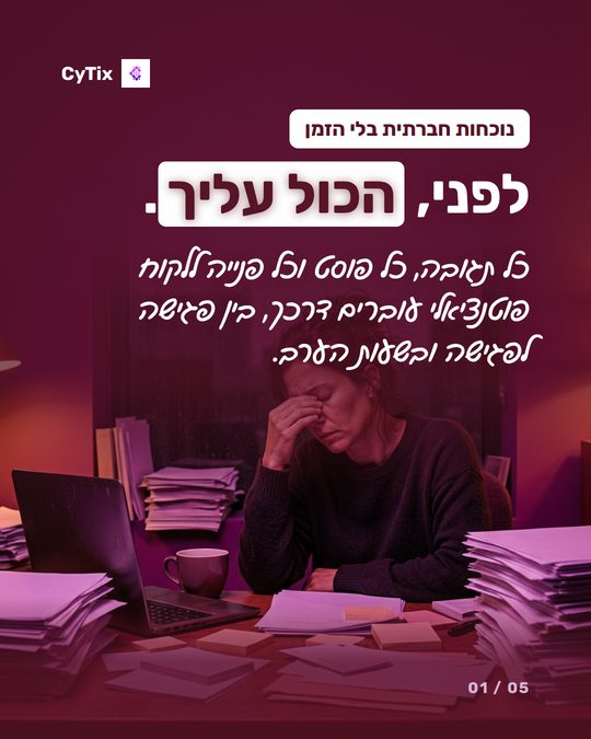 פוסט של CyTix עם הכותרת לפני, הכול עליך, ובו אישה מותשת מול ערימות ניירת