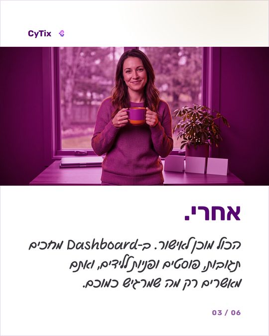 פוסט של CyTix עם הכותרת אחרי, ובו אישה מחייכת עם ספל, שקופית שלוש בקרוסלה