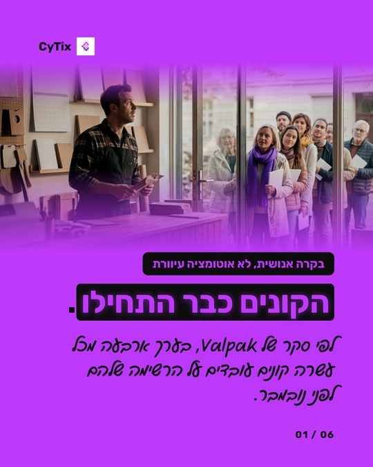 פוסט של CyTix עם הכותרת הקונים כבר התחילו, ובו קהל אנשים בתוך חנות